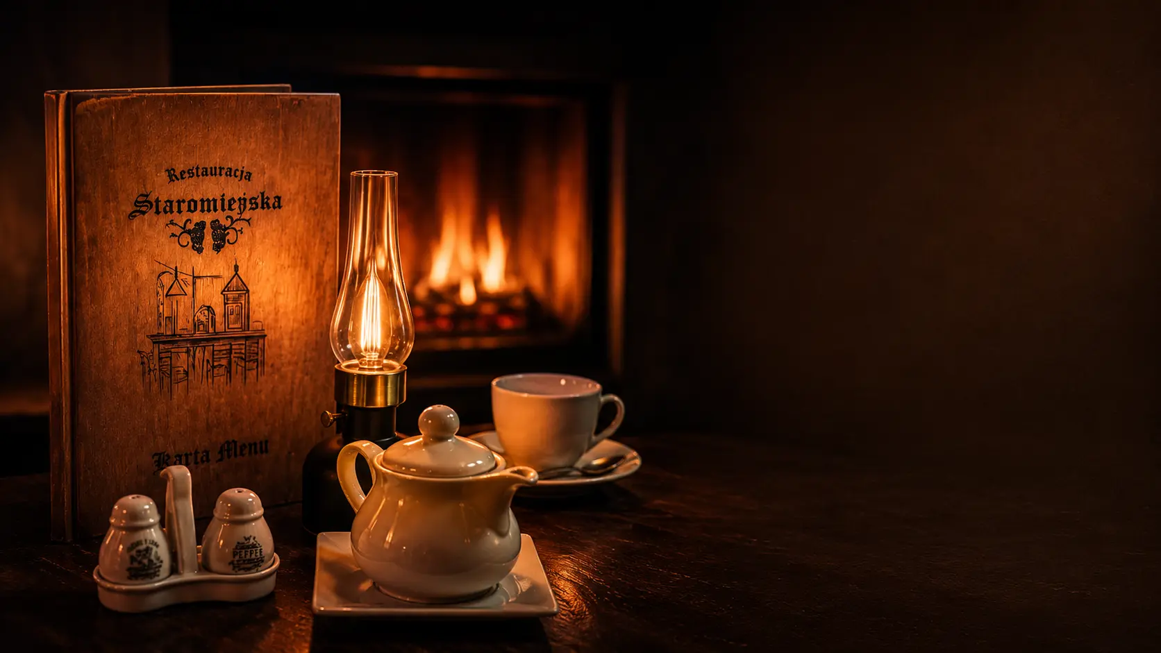 Restauracja Staromieyska - kominek i karta menu
